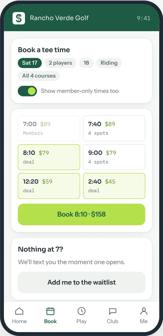 Golfer app booking: date, players, holes and riding filters with open tee times, prices and deals.