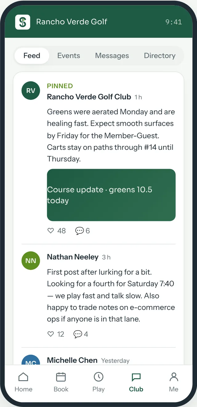 Golfer app club feed: a pinned course update from the club and posts from members.