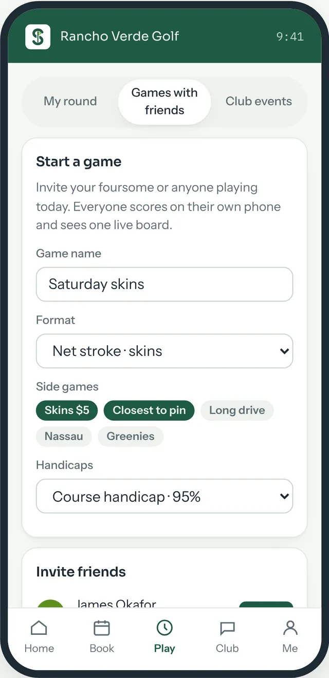 Golfer app games with friends: start a game, choose the format, side games and handicap allowance, and invite friends.