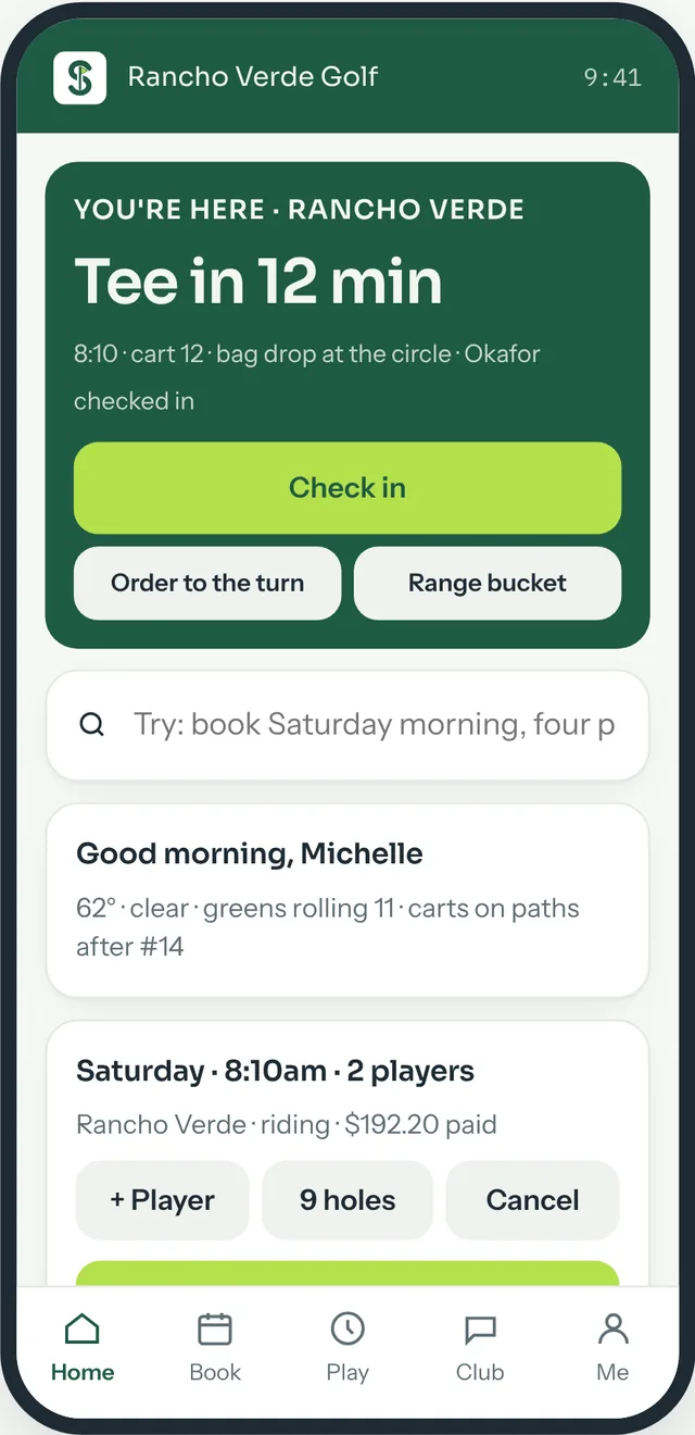 Golfer app arrival screen: tee time in 12 minutes, cart and bag-drop details, and buttons to check in, order to the turn and buy a range bucket.