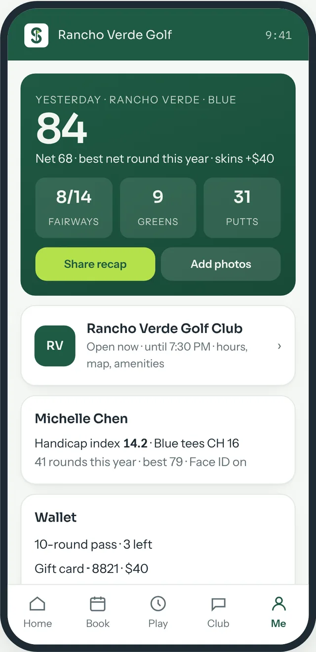 Golfer app profile: yesterday's round recap, handicap index and wallet with passes and gift cards.