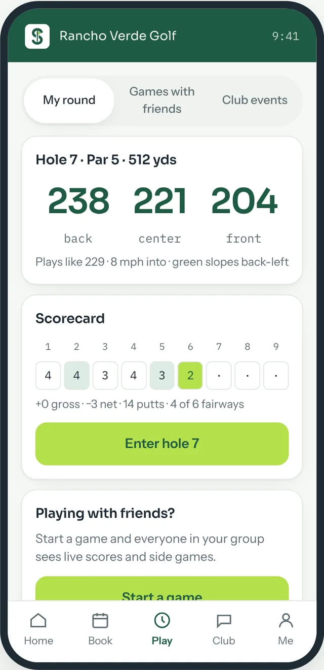 Golfer app scoring: hole 7 with distances to the back, center and front of the green, and the scorecard so far.