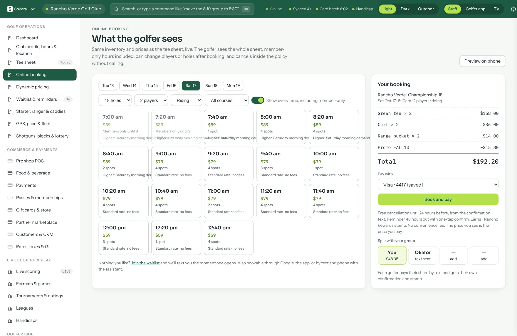 Online booking: every tee time for the day with its price and open spots, and a booking summary with the total, saved card and split payment.