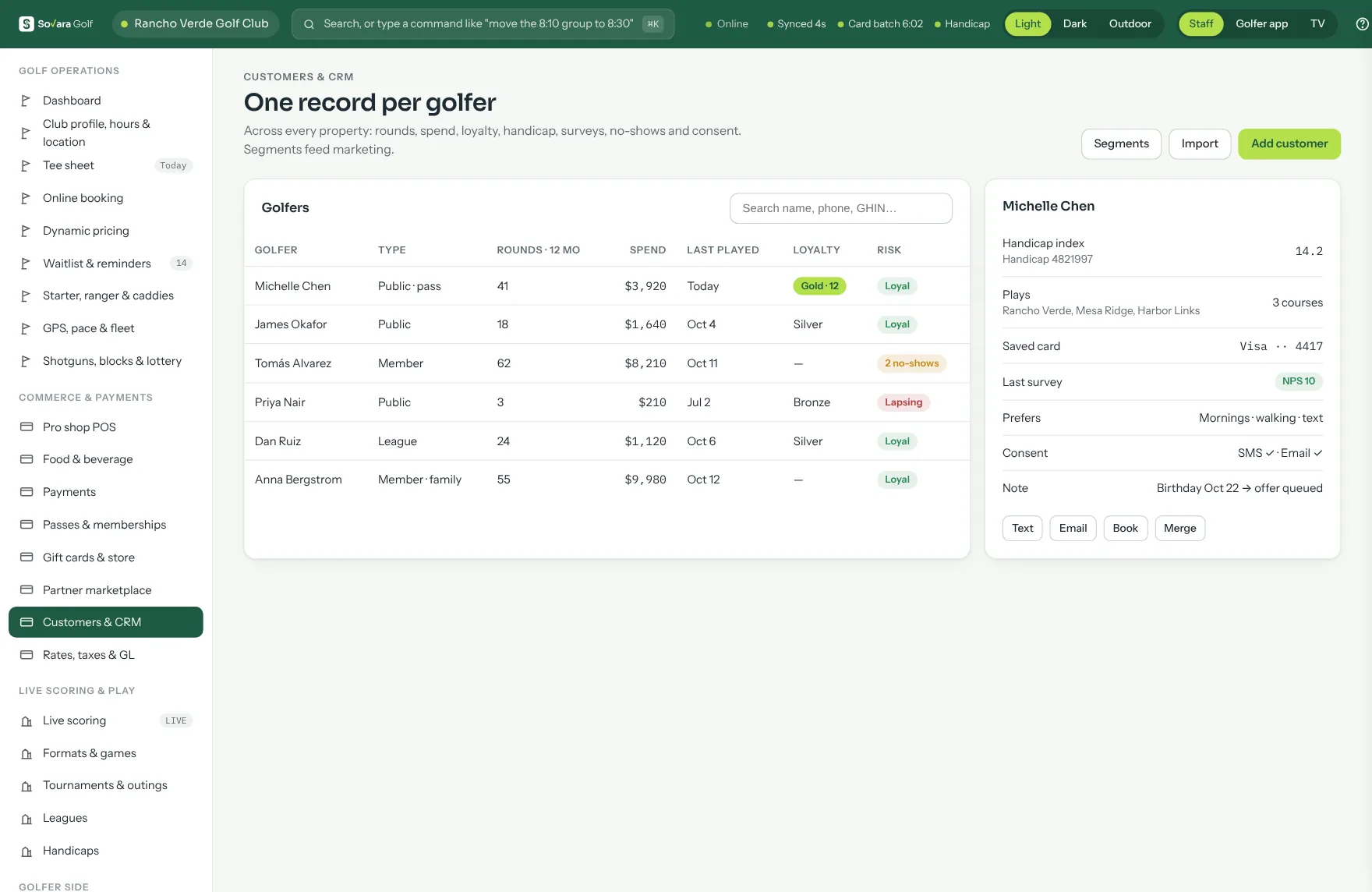 Golfer records: a list with type, rounds, spend, last played, loyalty tier and risk, and one golfer's profile with handicap, courses played, saved card and preferences.