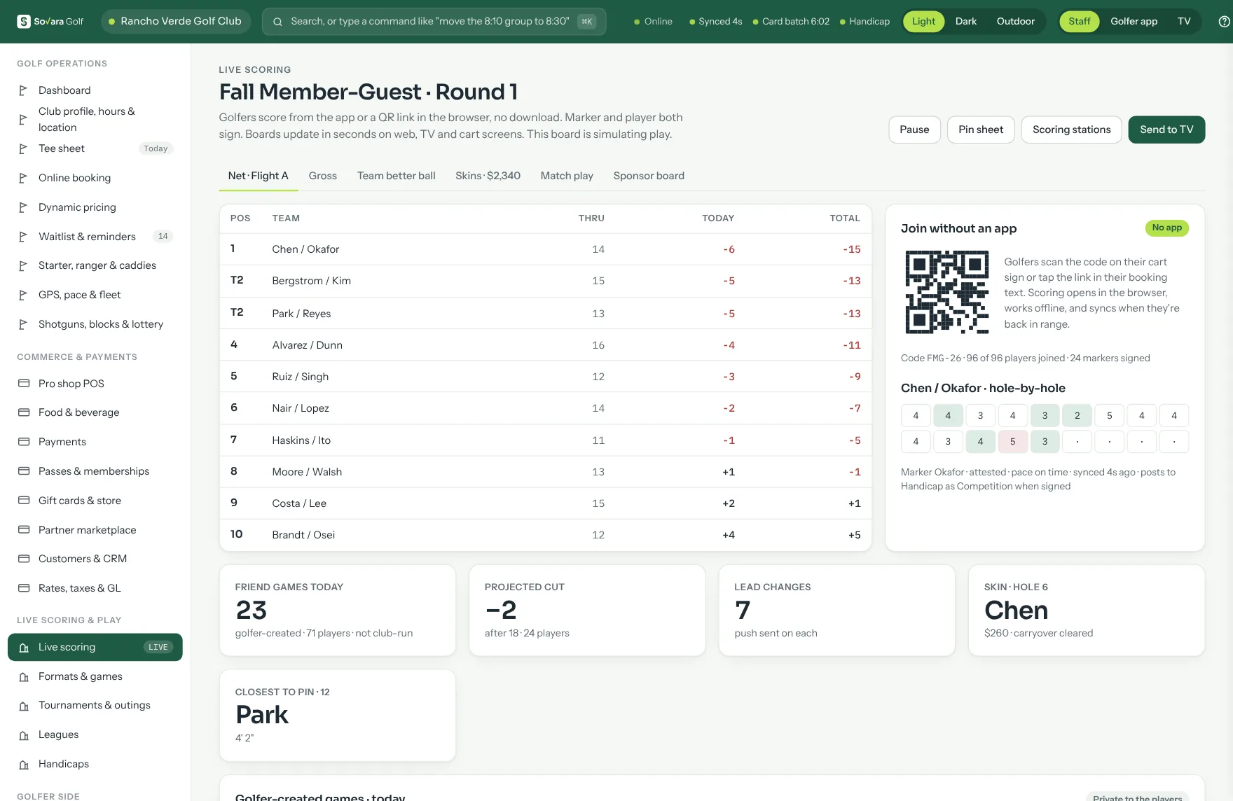 Live scoring: a net leaderboard for a member-guest, a QR code to join without an app, and a group's hole-by-hole card.