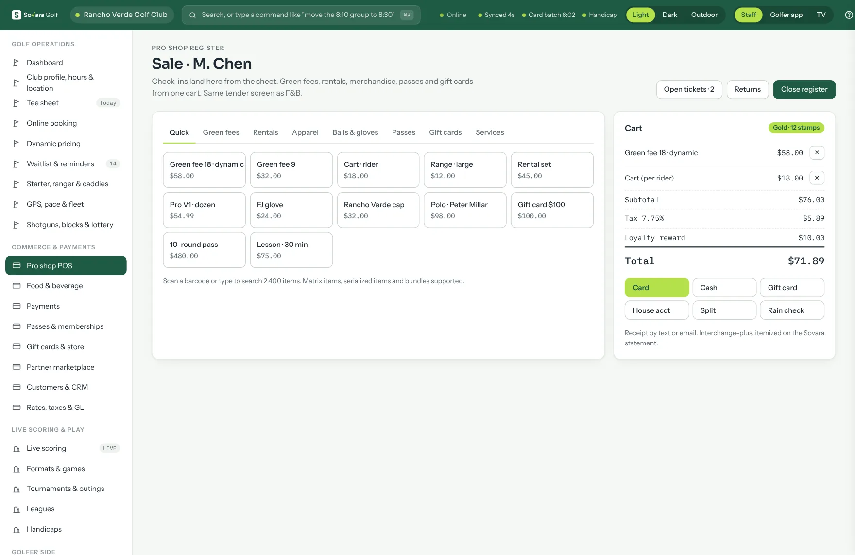 The pro shop register with quick keys for green fees, rentals and apparel, and a cart with tax, a loyalty reward and tender buttons.