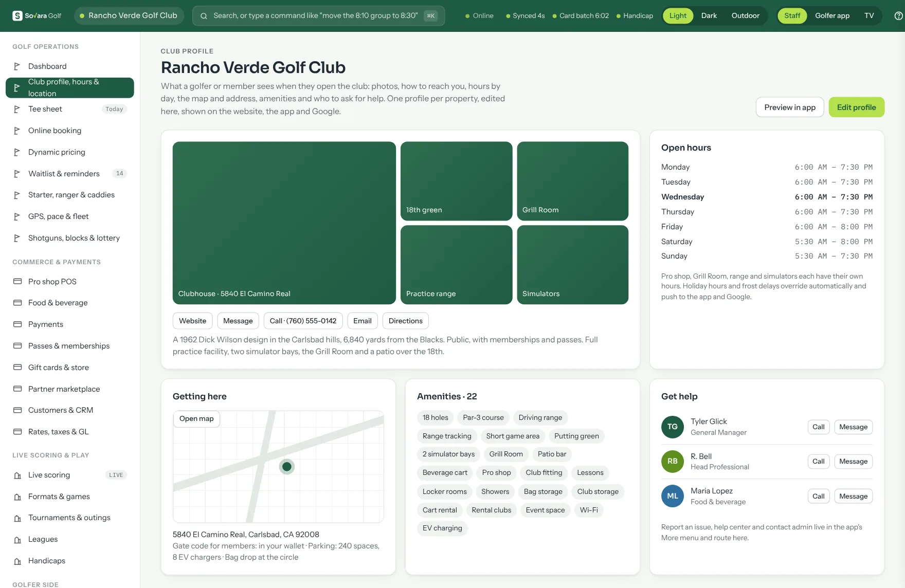 The club profile: photos, contact buttons, opening hours by day, getting here with a map, amenities and staff to contact.